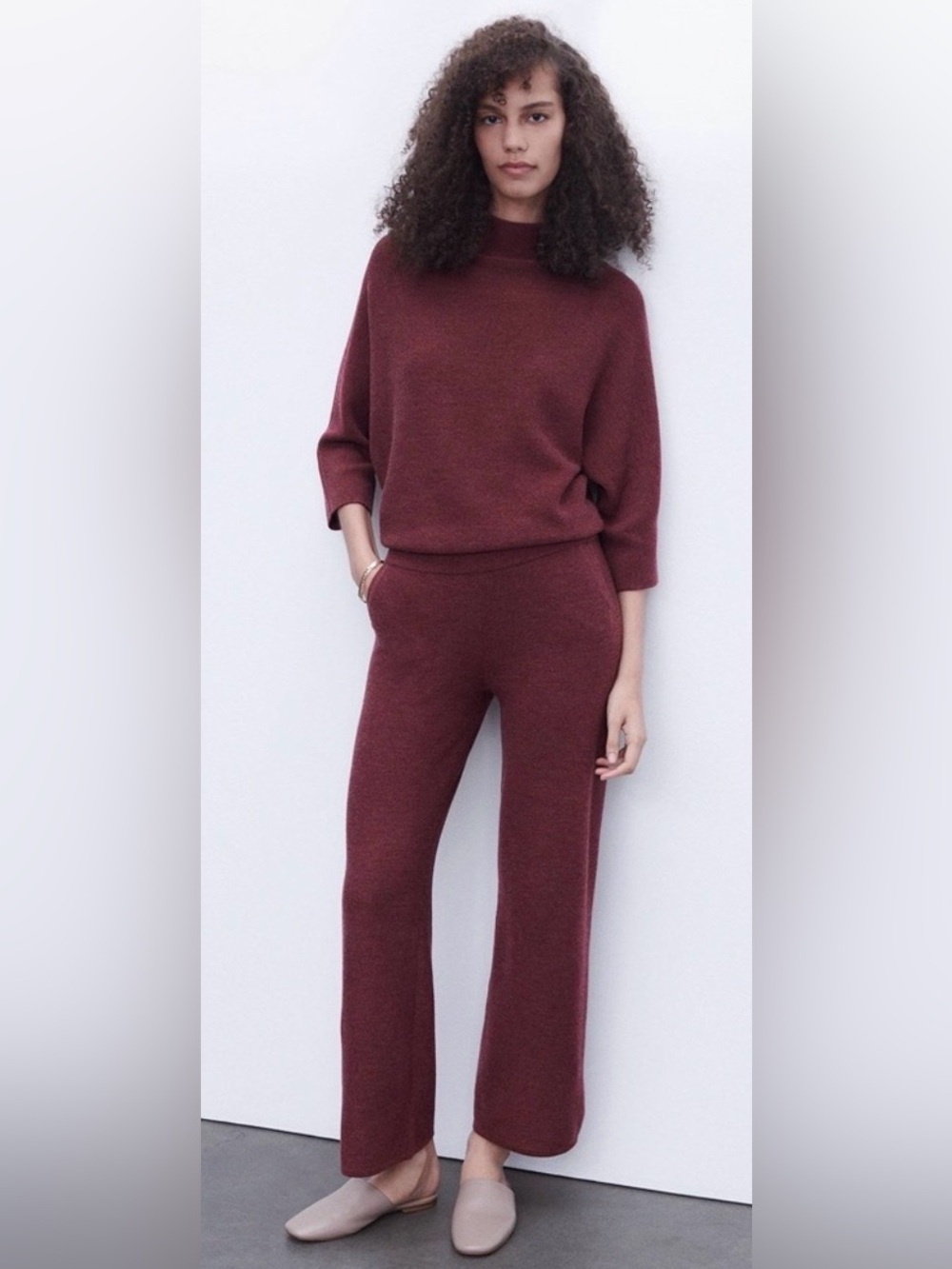 The Reset R Label 100% Wool Essential Knit Pants Wide Leg Burgundy Red Sz XL NWT